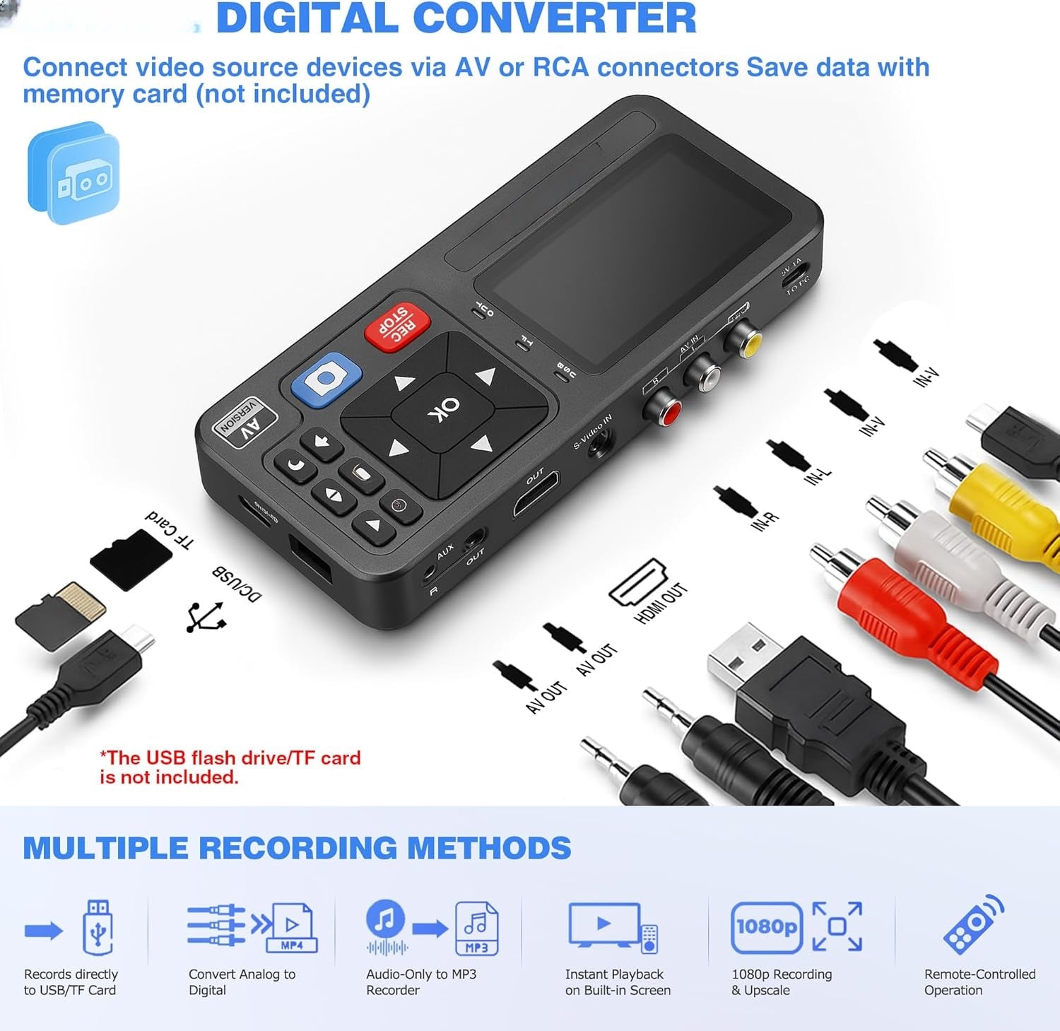 Digital inspelare för inspelning av VHS-band, videobandspelare, DVR, DVD, Hi8, DV-spelare, RCA, CVBS, TV-box, videokamera, spelkonsoler till USB MicroSD-kort