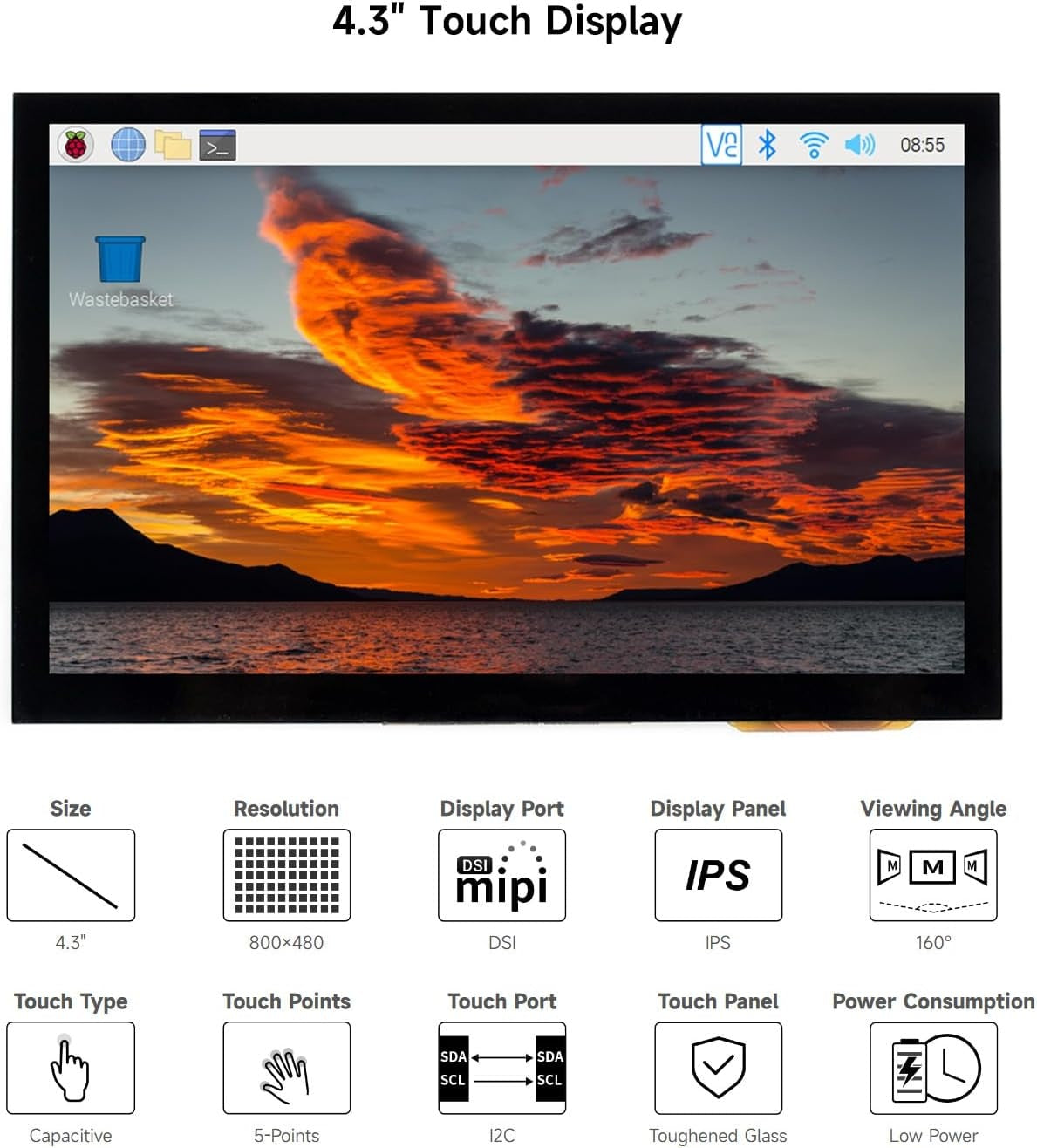 Waveshare 4,3-tums LCD Touch-skärm för Raspberry Pi 5/4B/3B+/3A+/3B/2B/B+/A+ 800 × 480 IPS