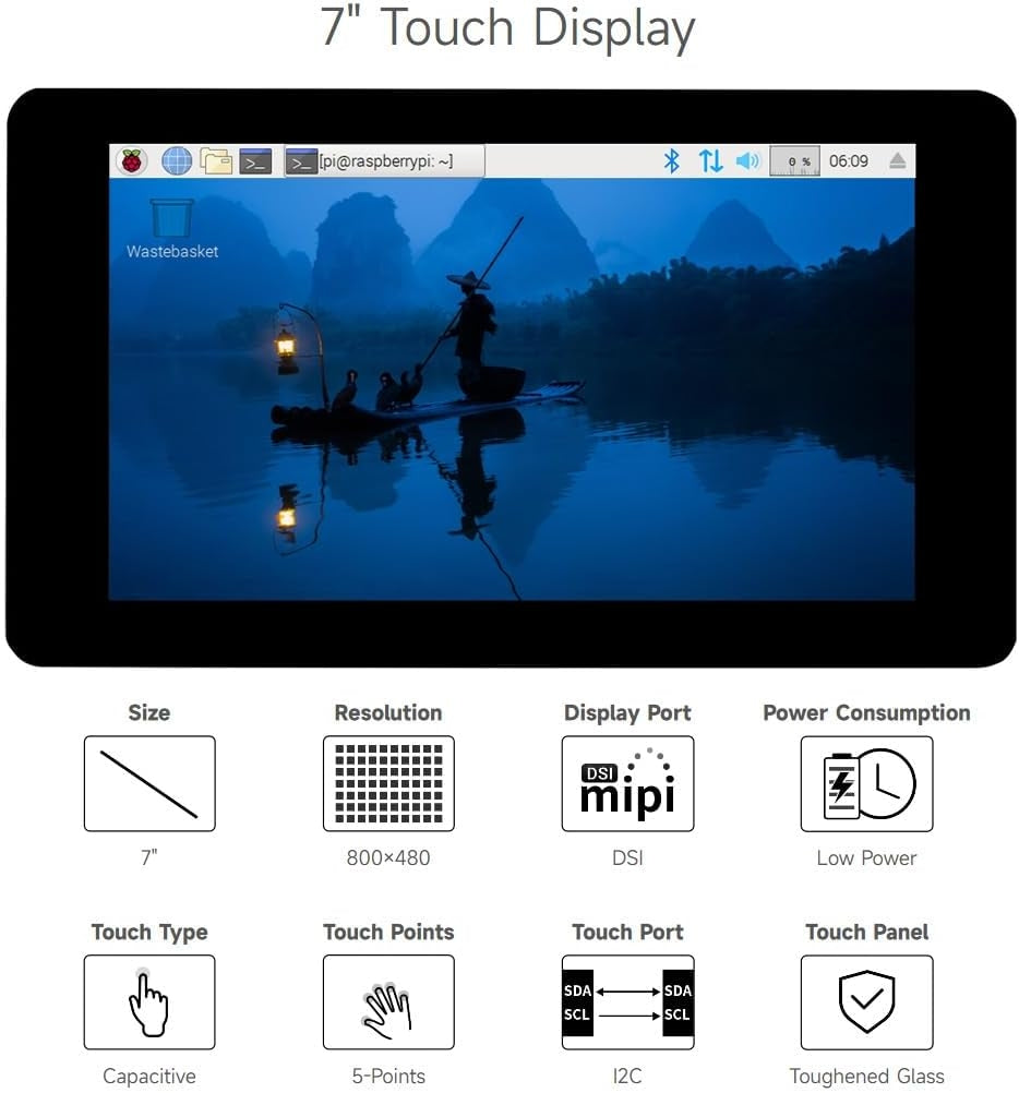 Waveshare 7-tums pekskärm för Raspberry Pi 5, 4B, Raspberry Pi 3B+/3B/3A+, CM3/3+/4 och VisionFive2 Core3566, 800 × 480 upplösning med DSI-gränssnitt