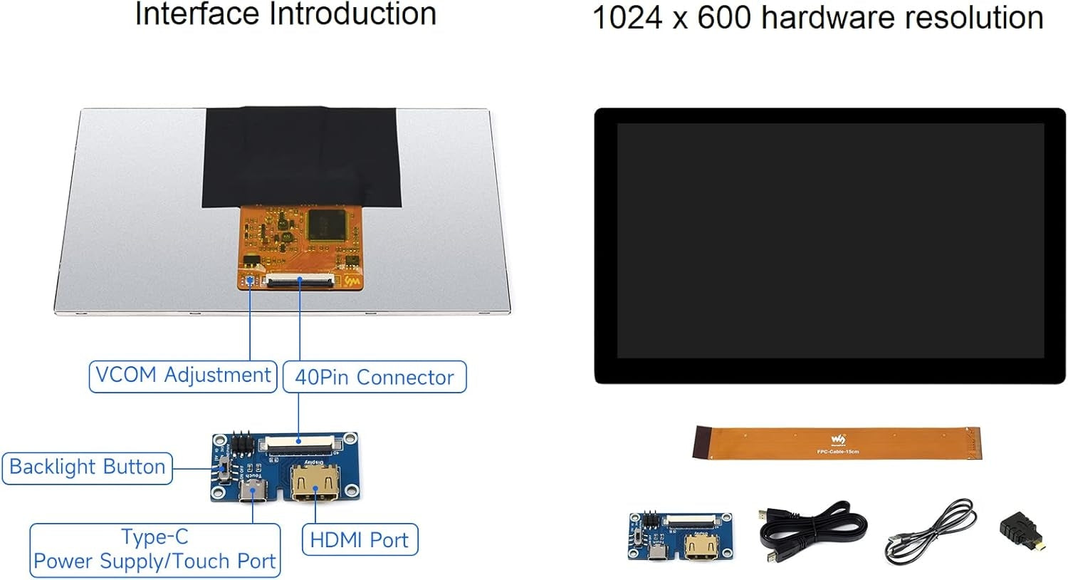Waveshare 7-tums HDMI-skärm Pekskärm 1024 x 600 IPS-panel Stödjer Alla Versioner av Raspberry Pi Windows-skärm