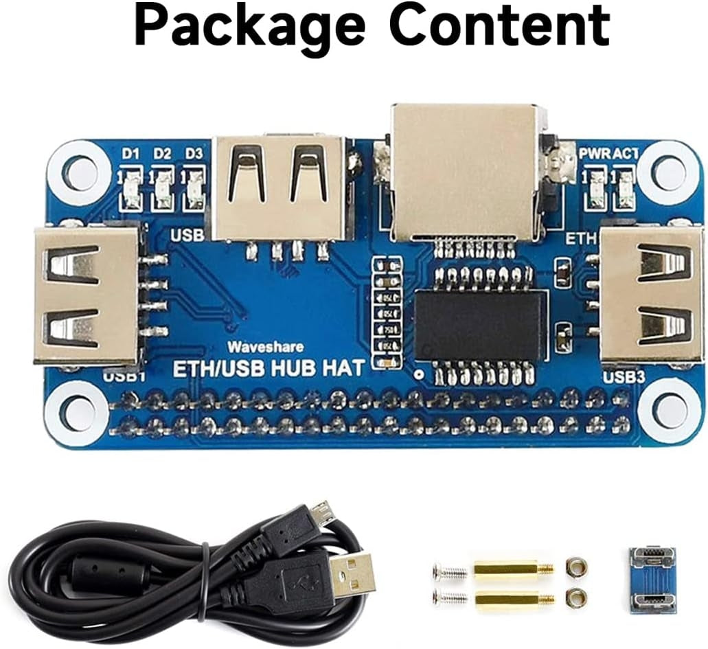 Waveshare Ethernet/USB HUB HAT för Raspberry Pi 1x RJ45 Ethernet-port 3x USB-portar Kompatibel med USB 2.0/1.1 Passar Zero/Zero W/Zero WH