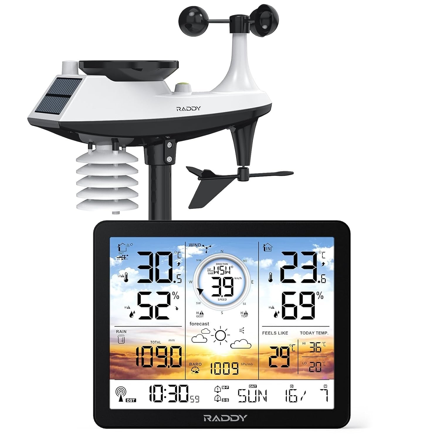 Weather Station Wireless Indoor Outdoor Thermometer Professional, 7.4 Inch Digital Display Radio-Controlled Clock, Temperature and Humidity Monitor