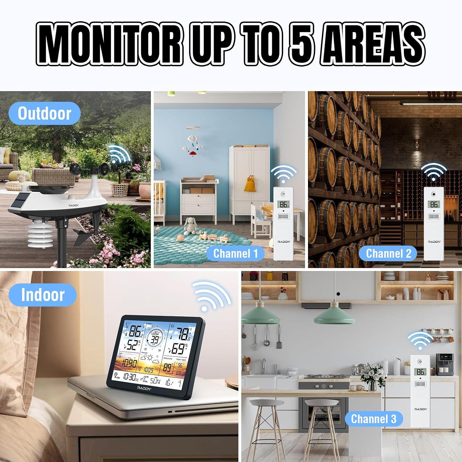 Weather Station Wireless Indoor Outdoor Thermometer Professional, 7.4 Inch Digital Display Radio-Controlled Clock, Temperature and Humidity Monitor
