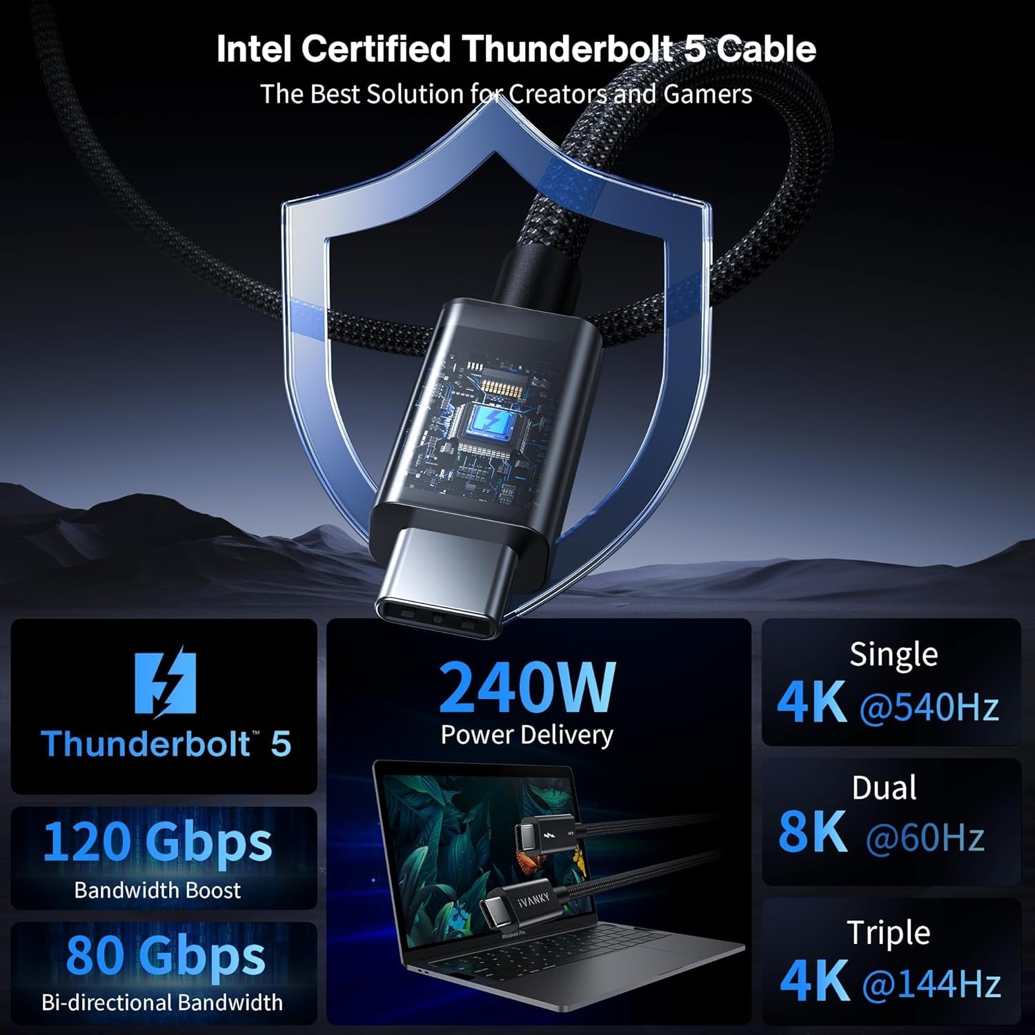 iVANKY Thunderbolt 5 kabel 1m Intel Certifierad, 80Gbps Dataöverföring, 120Gbps Bandbredd, 240W Laddning, Dubbla 8K Skärmar, Kompatibel med MacBook M4 TB4/DP2.1/USB4