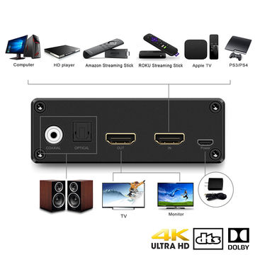 NÖRDIC HDMI Audio Extraktor 5.1, 1xHDMI ingång till 1xHDMI 2.0 4K i 60 Hz, Digital (Toslink) och Coaxial Audio utgång. Xbox One, PS3/PS4, Smart TV