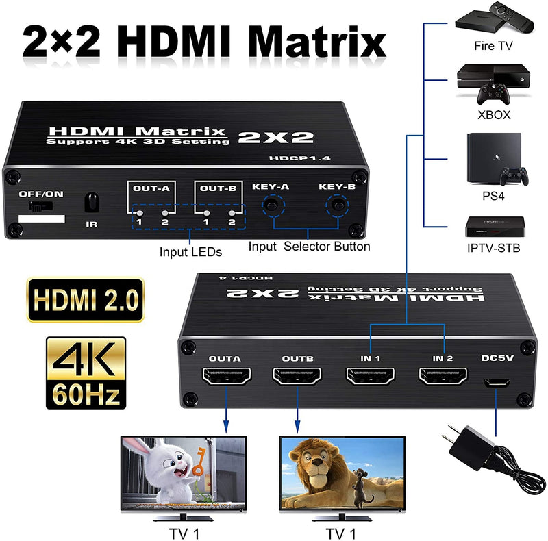 NÖRDIC Matrix HDMI switch 2 till 2 HDMI 2.0 4K 60Hz HDCP1.4 3D YUV 4:2:0