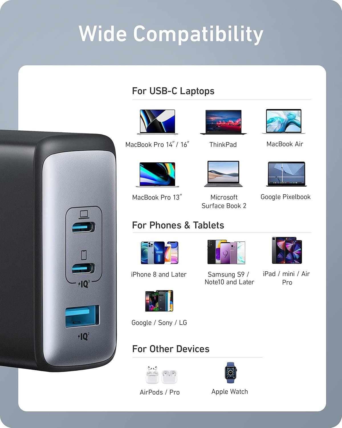 ANKER USB-C100W NANO II Snabbladdare, 3-Portars USB-C Strömadapter ANKER 736