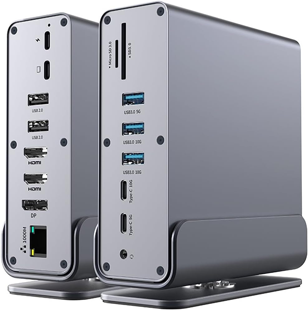 15 i 1 USB-C Dockningsstation 4K@30Hz HDMI och DisplayPort, 3xUSB 3.0, 2xUSB 2.0, PD 100W laddning, 1000Mbps RJ45 Ethernet för Windows och MacOS