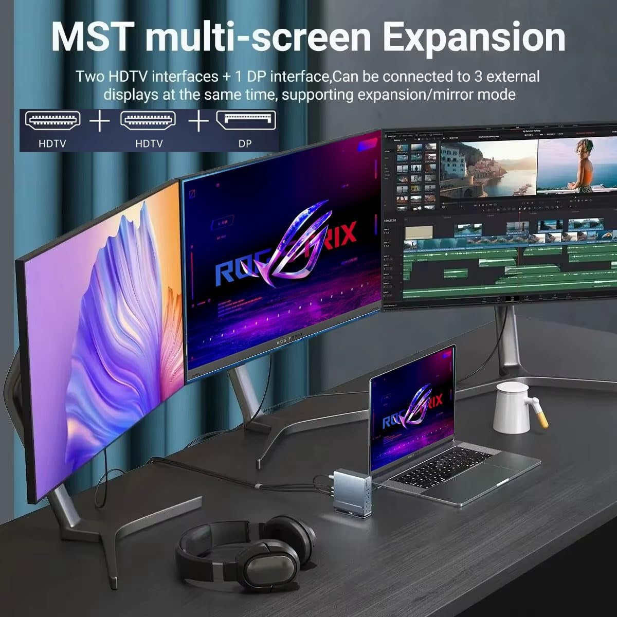 15 i 1 USB-C Dockningsstation 4K@30Hz HDMI och DisplayPort, 3xUSB 3.0, 2xUSB 2.0, PD 100W laddning, 1000Mbps RJ45 Ethernet för Windows och MacOS