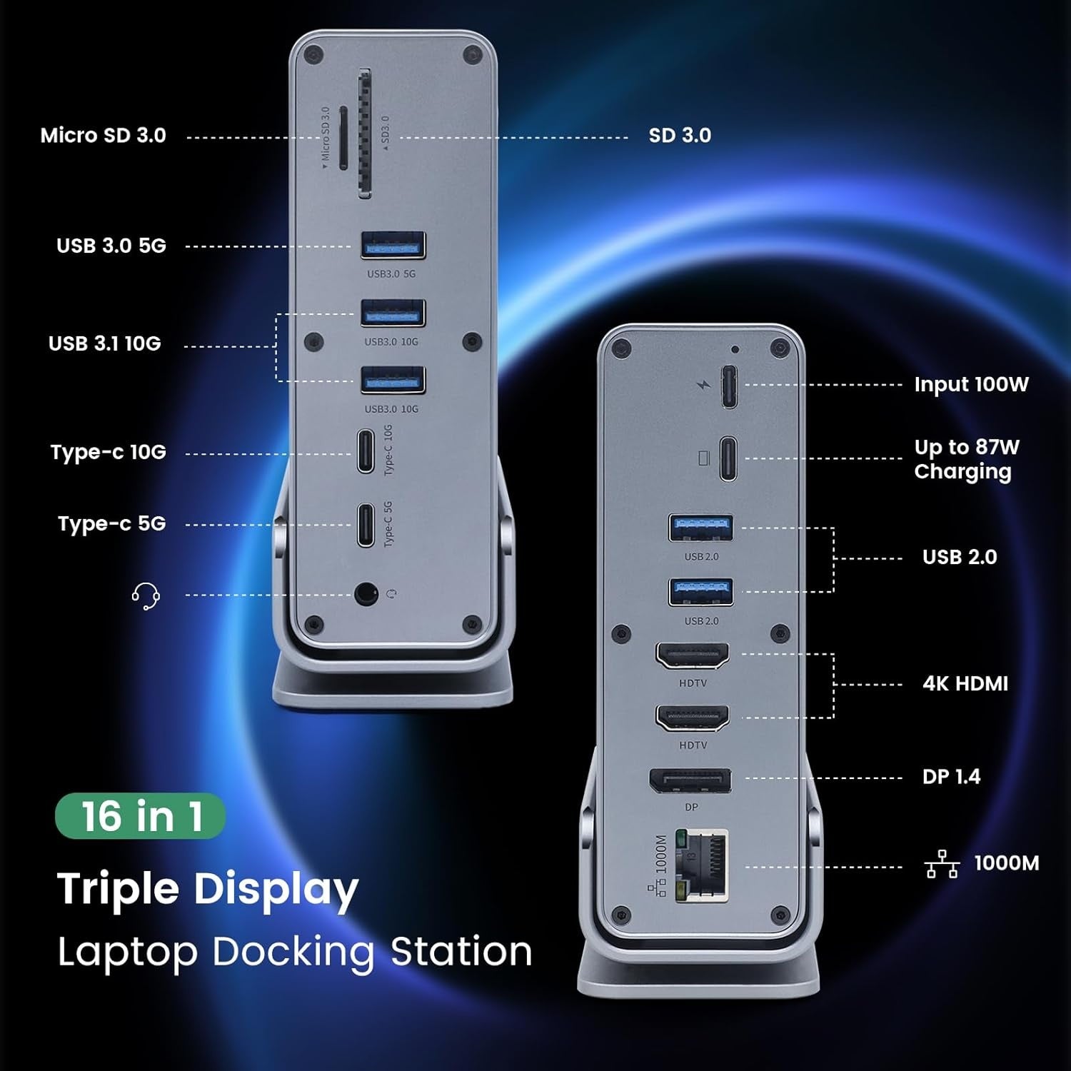 15 i 1 USB-C Dockningsstation 4K@30Hz HDMI och DisplayPort, 3xUSB 3.0, 2xUSB 2.0, PD 100W laddning, 1000Mbps RJ45 Ethernet för Windows och MacOS