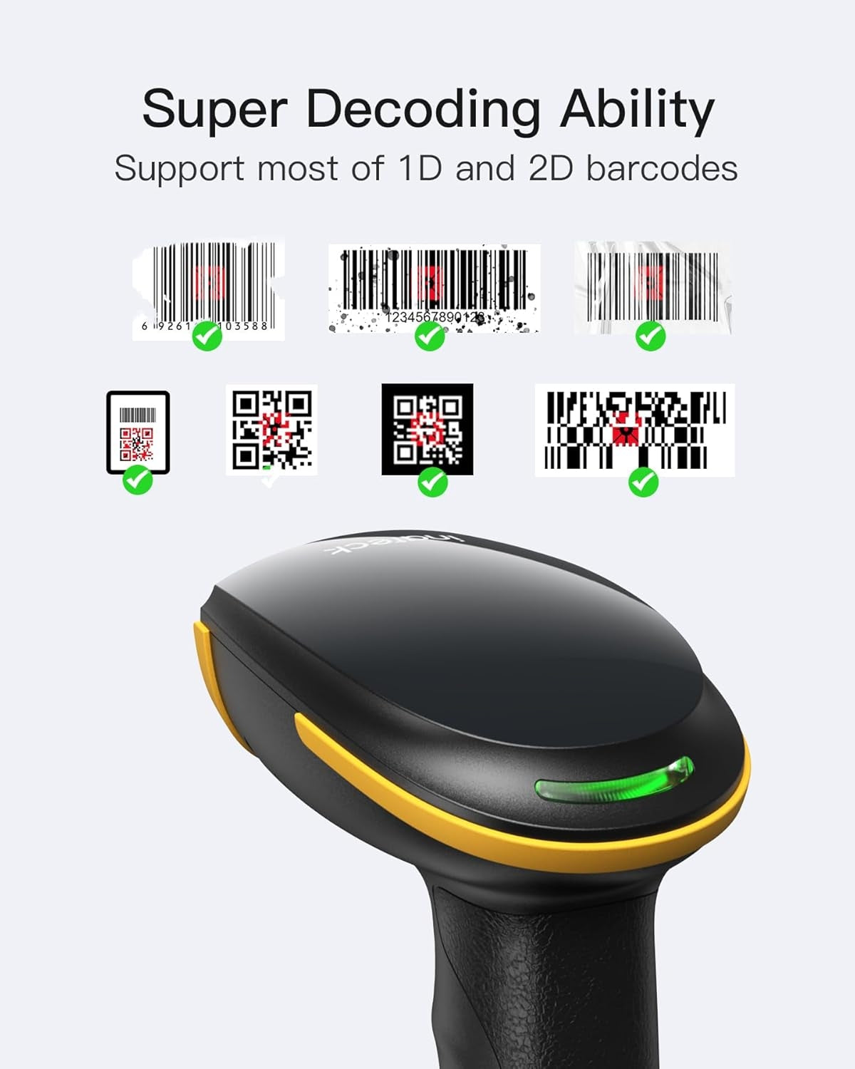 2D QR Streckkodsläsare, Trådlös, 2600mAh batteri, Plug and Play