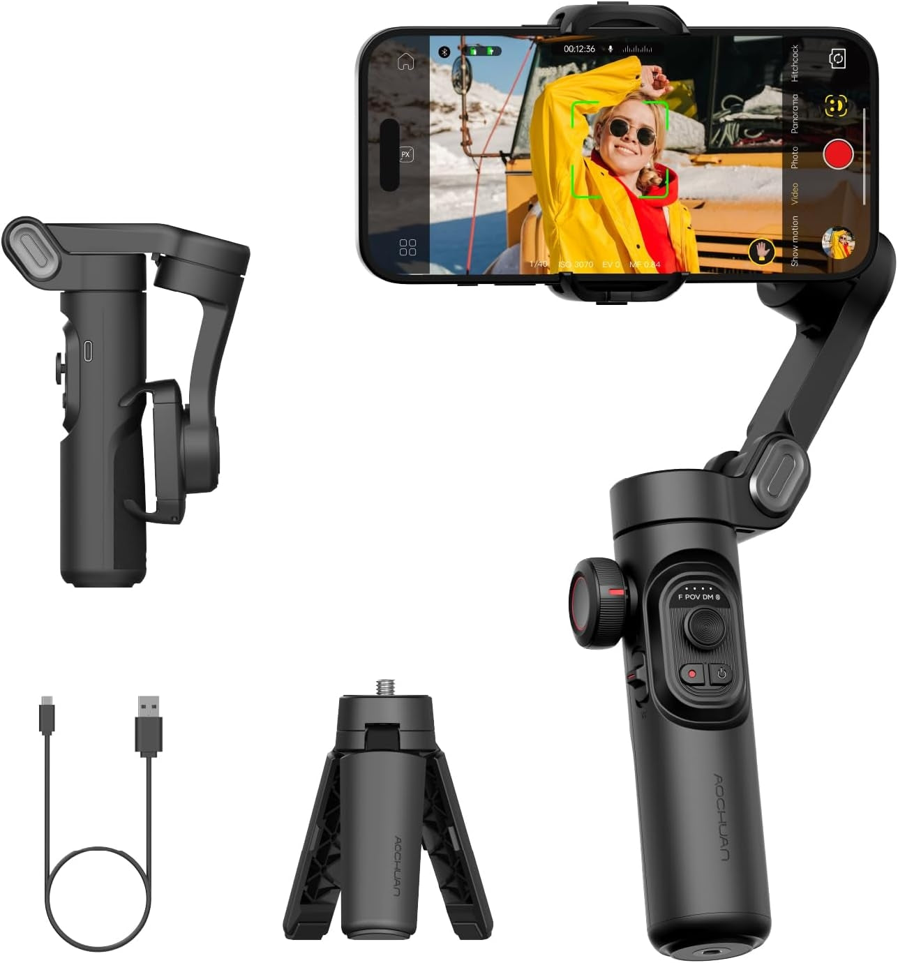 Handhållen 3-axlig telefonstabilisator Vikbar gimbal för iPhone och Android Fokus-hjul och ansikts-/objektspårning