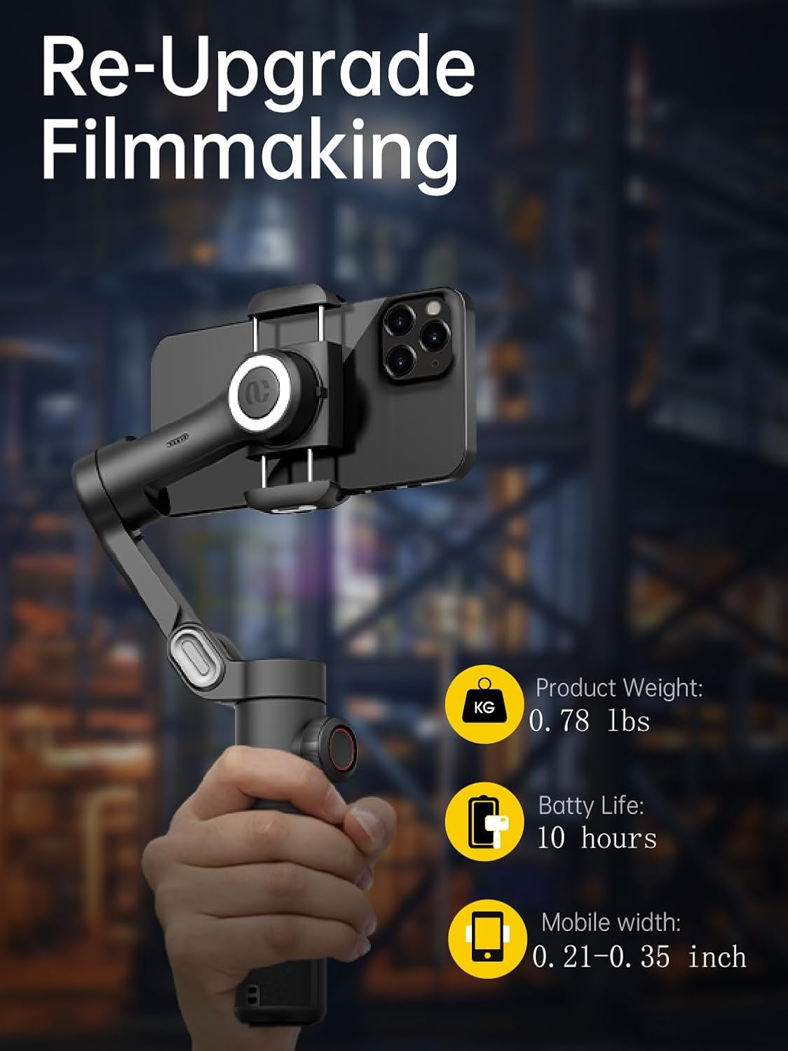Handhållen 3-axlig telefonstabilisator Vikbar gimbal för iPhone och Android Fokus-hjul och ansikts-/objektspårning