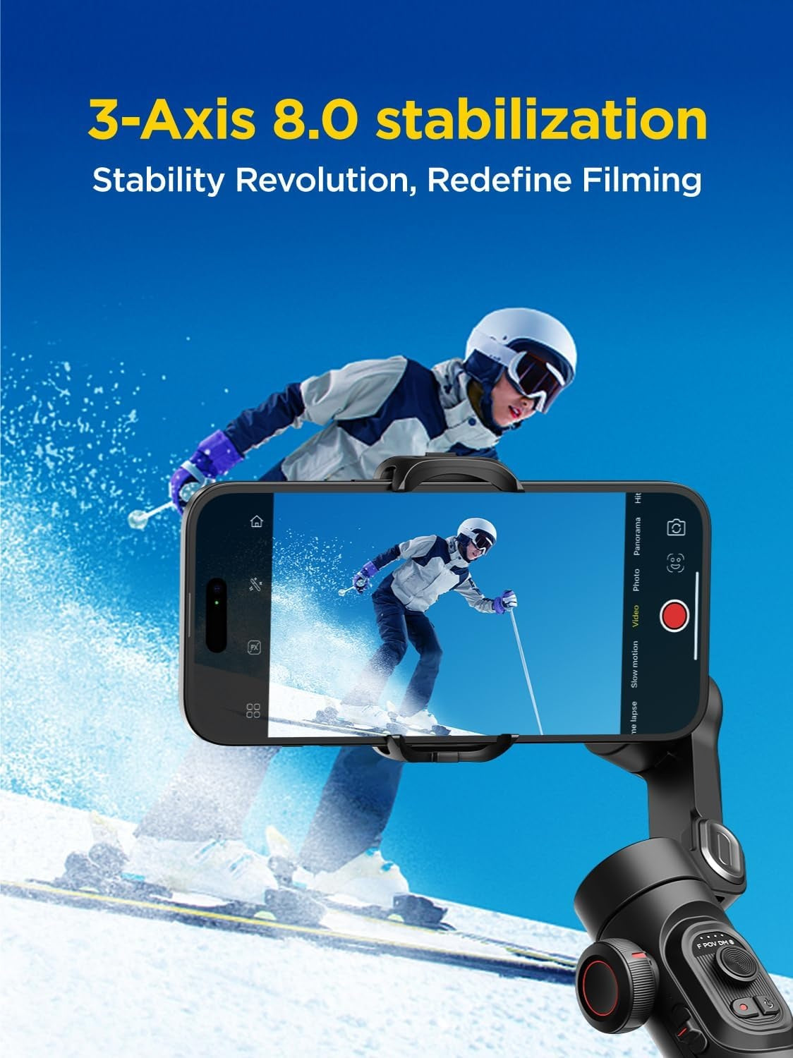 Handhållen 3-axlig telefonstabilisator Vikbar gimbal för iPhone och Android Fokus-hjul och ansikts-/objektspårning
