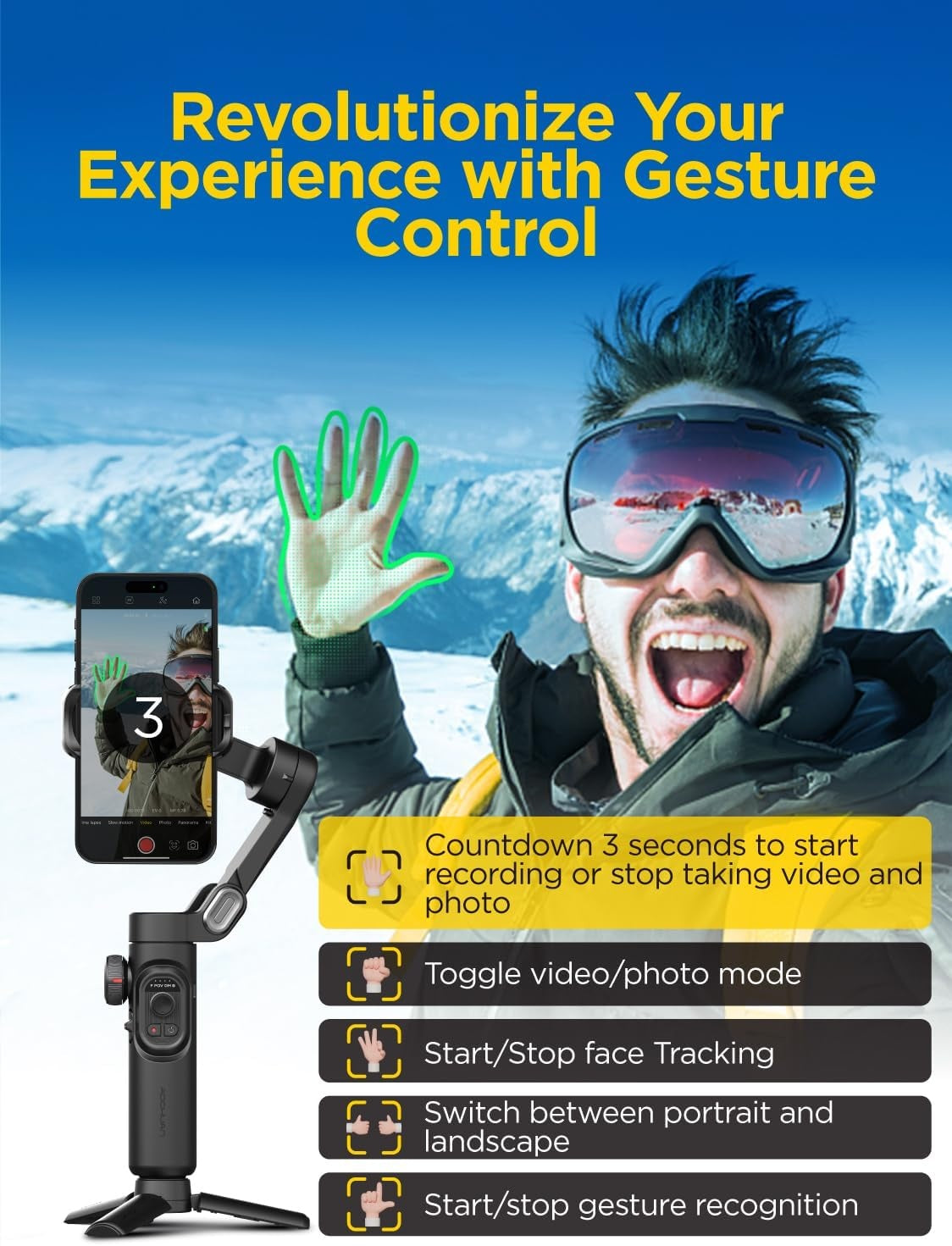 Handhållen 3-axlig telefonstabilisator Vikbar gimbal för iPhone och Android Fokus-hjul och ansikts-/objektspårning