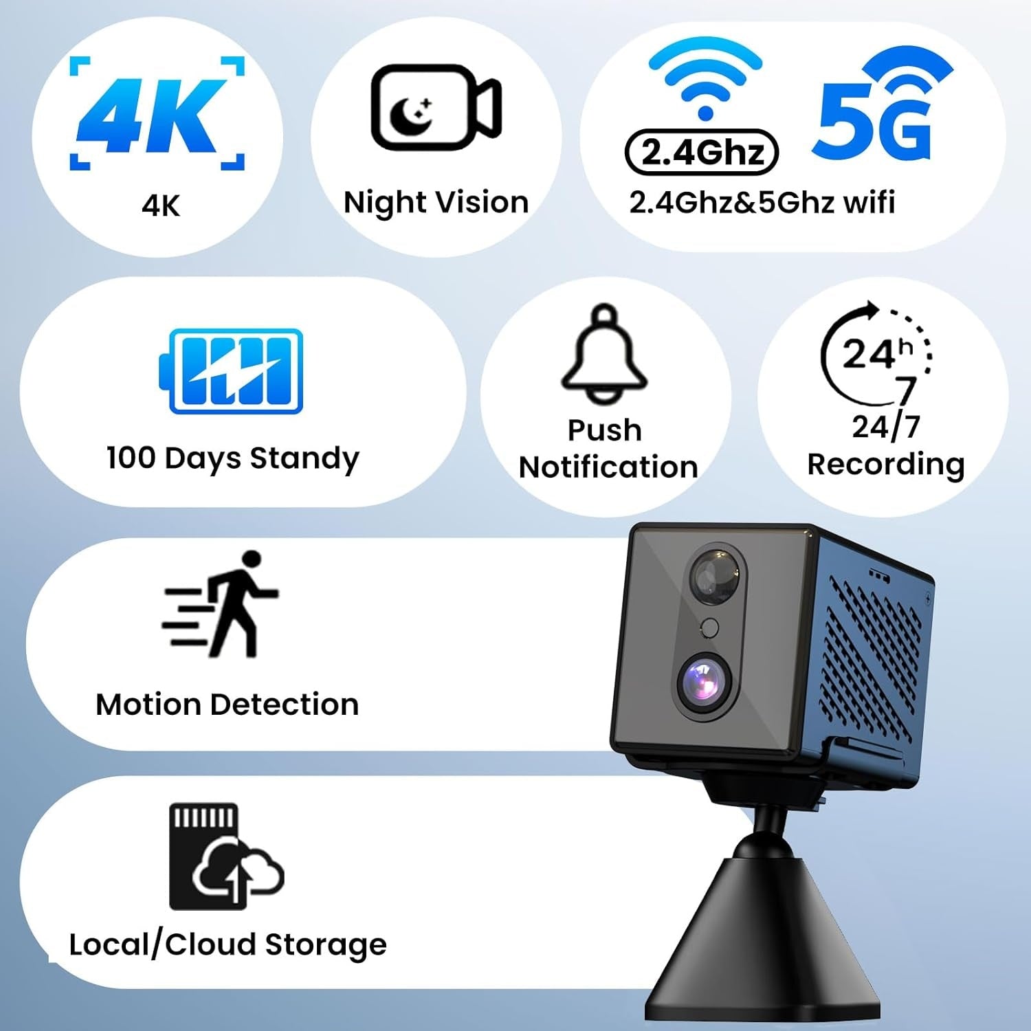4K Övervakningskamera 5GHz WiFi Mini-kamera, Nattseende, Rörelsesensor, Lång batteritid, Fjärrvisning