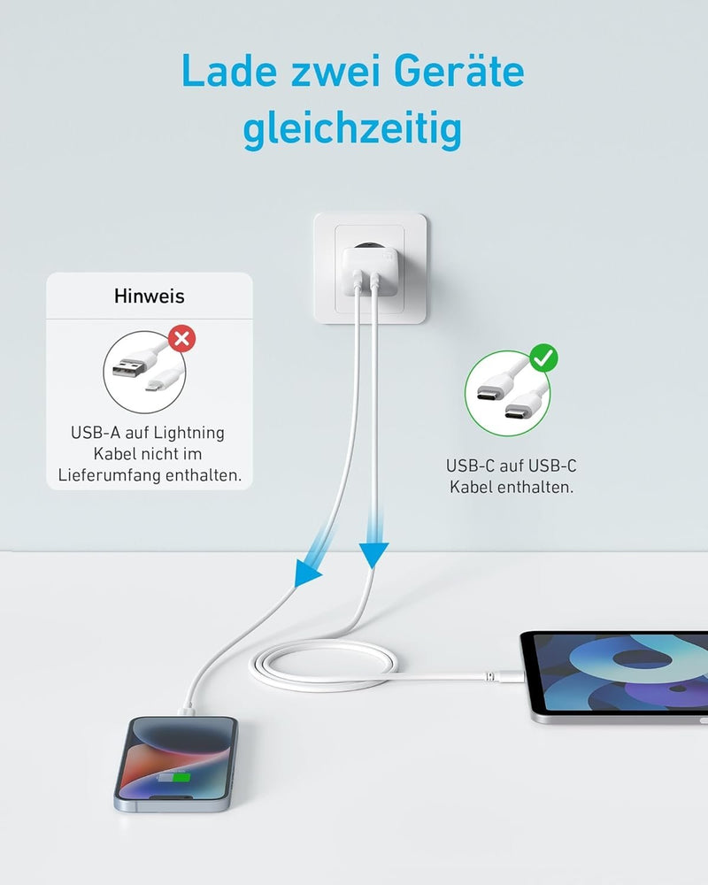 ANKER USB-C Laddare med 2 portar, 1xUSB-C och 1xUSB-A, 20W Snabbladdning med 150 cm USB-kabel