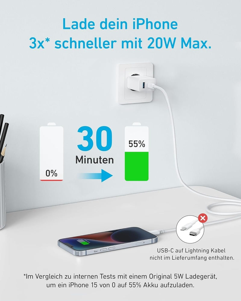 ANKER USB-C Laddare med 2 portar, 1xUSB-C och 1xUSB-A, 20W Snabbladdning med 150 cm USB-kabel