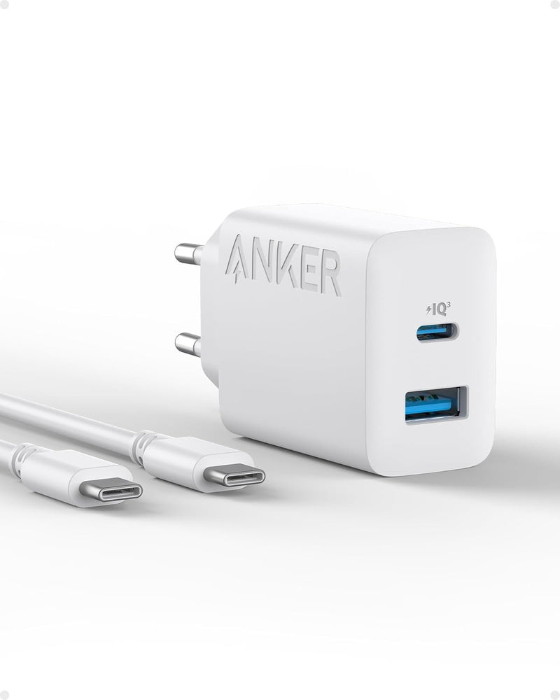 ANKER USB-C Laddare med 2 portar, 1xUSB-C och 1xUSB-A, 20W Snabbladdning med 150 cm USB-kabel