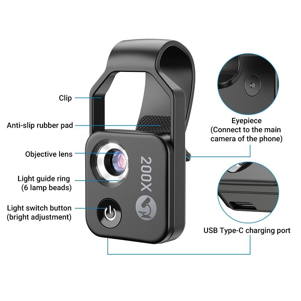 APEXEL 200x Mobilmikroskop, Mini Fickmikroskop, 6 LED-ljusguider, 2 nivåer av ljusstyrkejustering, Förstorande Makrolinskit för Mobilkamera
