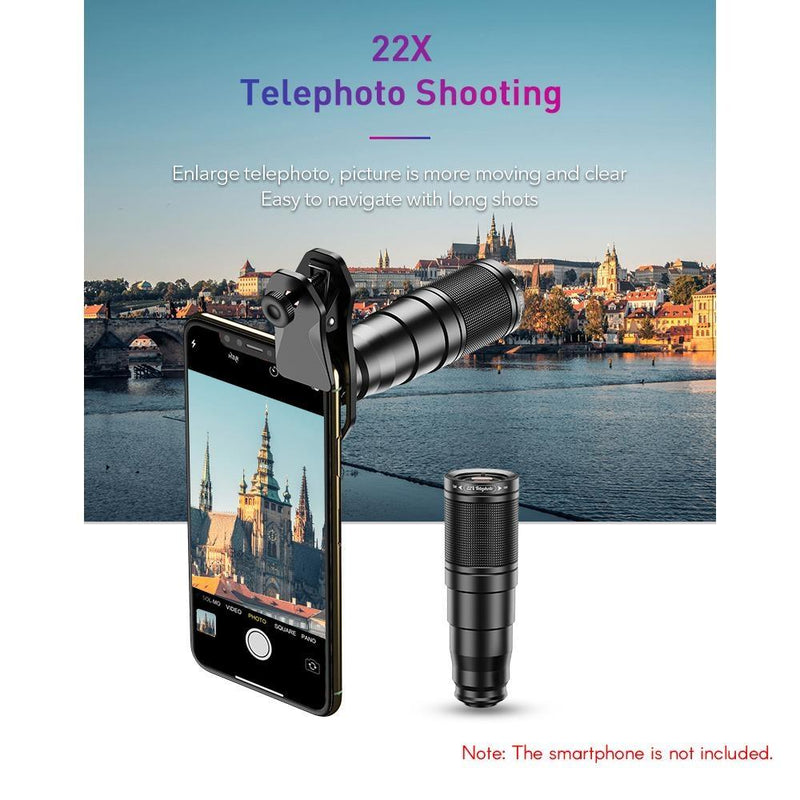 APEXEL 6-i-1 Telefonlinskit – 22X teleobjektiv, 205° fisheye-lins, 120° vidvinkellins & 25X makrolins