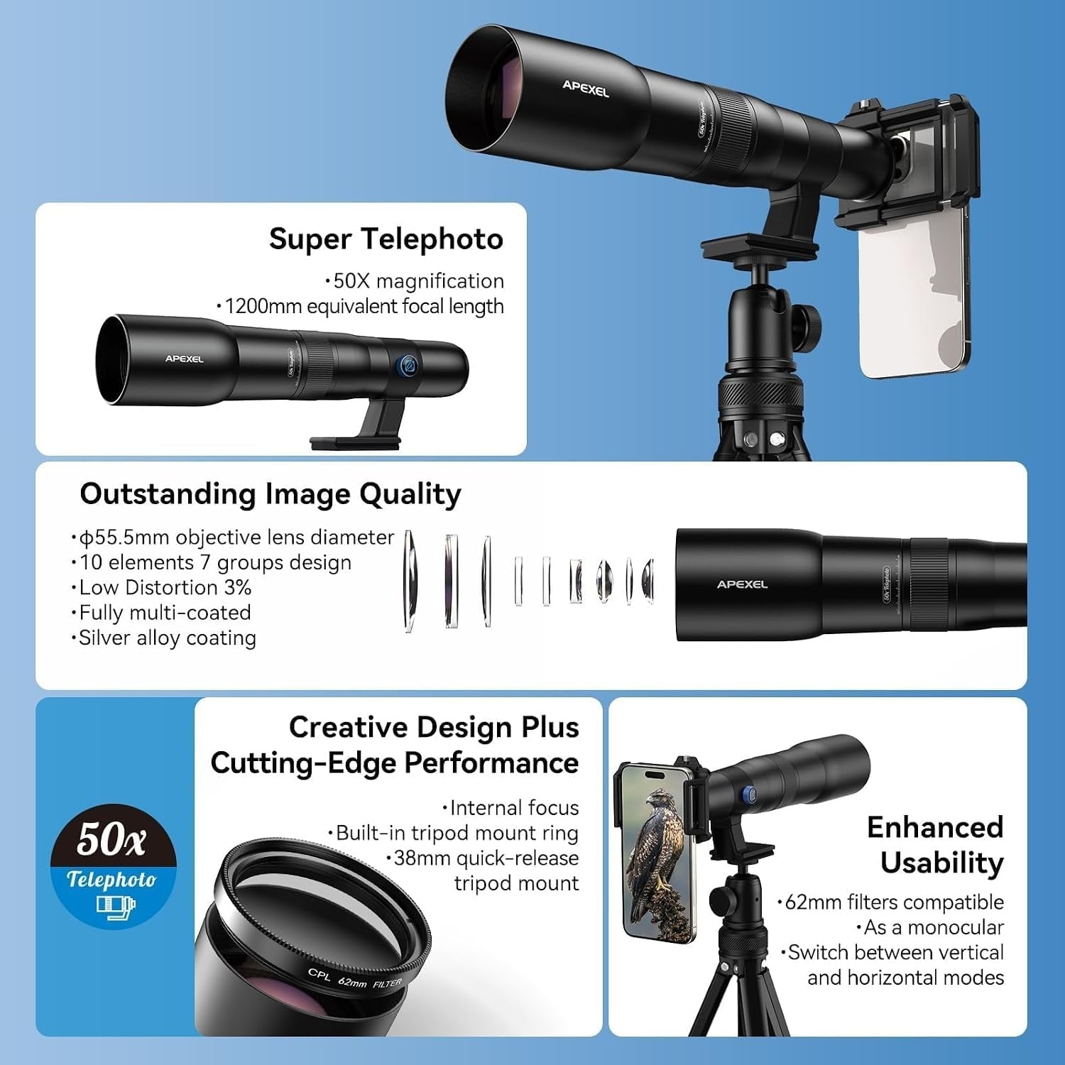 APEXEL Telecular 20–60x professionellt kompakt zoomobjektiv för smartphones