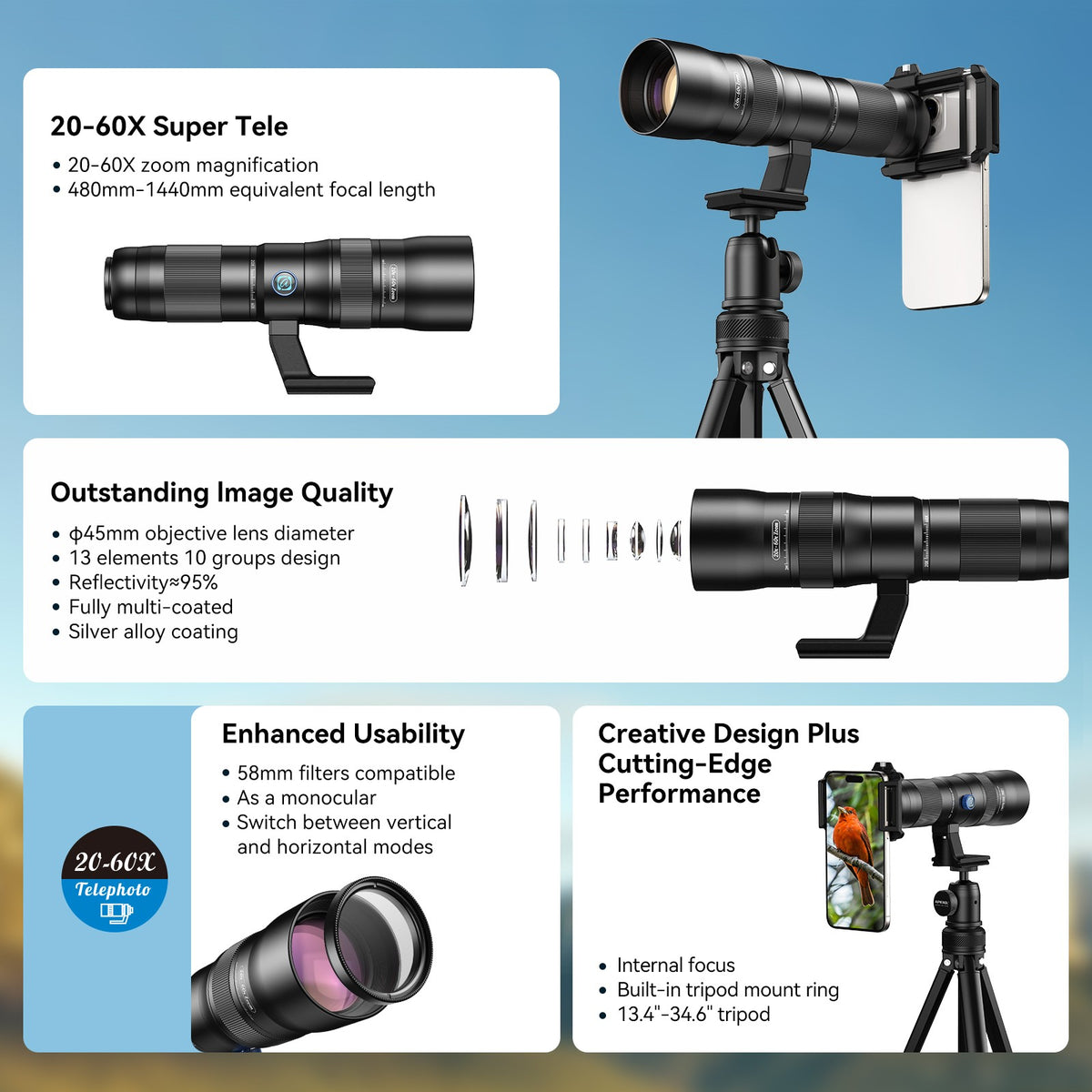 APEXEL Telecular 20–60x professionellt kompakt zoomobjektiv för smartphones