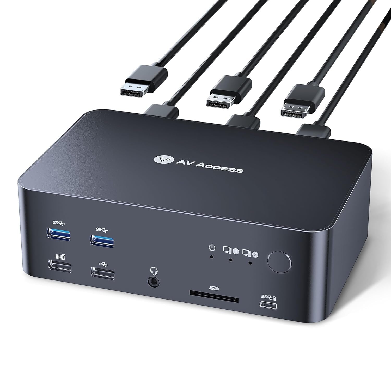 AV Access iDock D23 Dockningsstation och KVM-switch 2 till 3 DP till DP, 8K60Hz, 5x USB-A, 1x USB-C PD, 3.5mm AUX, SD-kortplats och 1Gbps ethernet