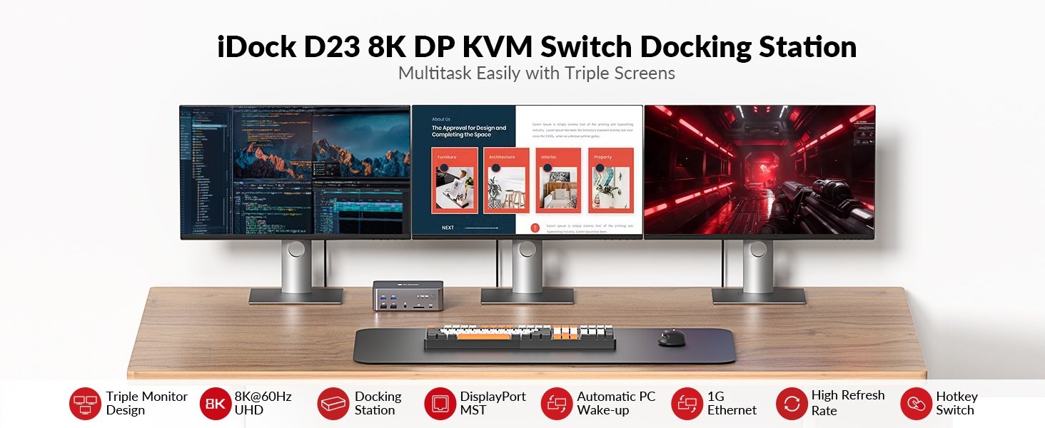 AV Access iDock D23 Dockningsstation och KVM-switch 2 till 3 DP till DP, 8K60Hz, 5x USB-A, 1x USB-C PD, 3.5mm AUX, SD-kortplats och 1Gbps ethernet