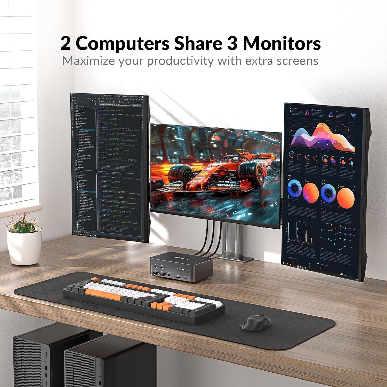 AV Access iDock D23 Dockningsstation och KVM-switch 2 till 3 DP till DP, 8K60Hz, 5x USB-A, 1x USB-C PD, 3.5mm AUX, SD-kortplats och 1Gbps ethernet