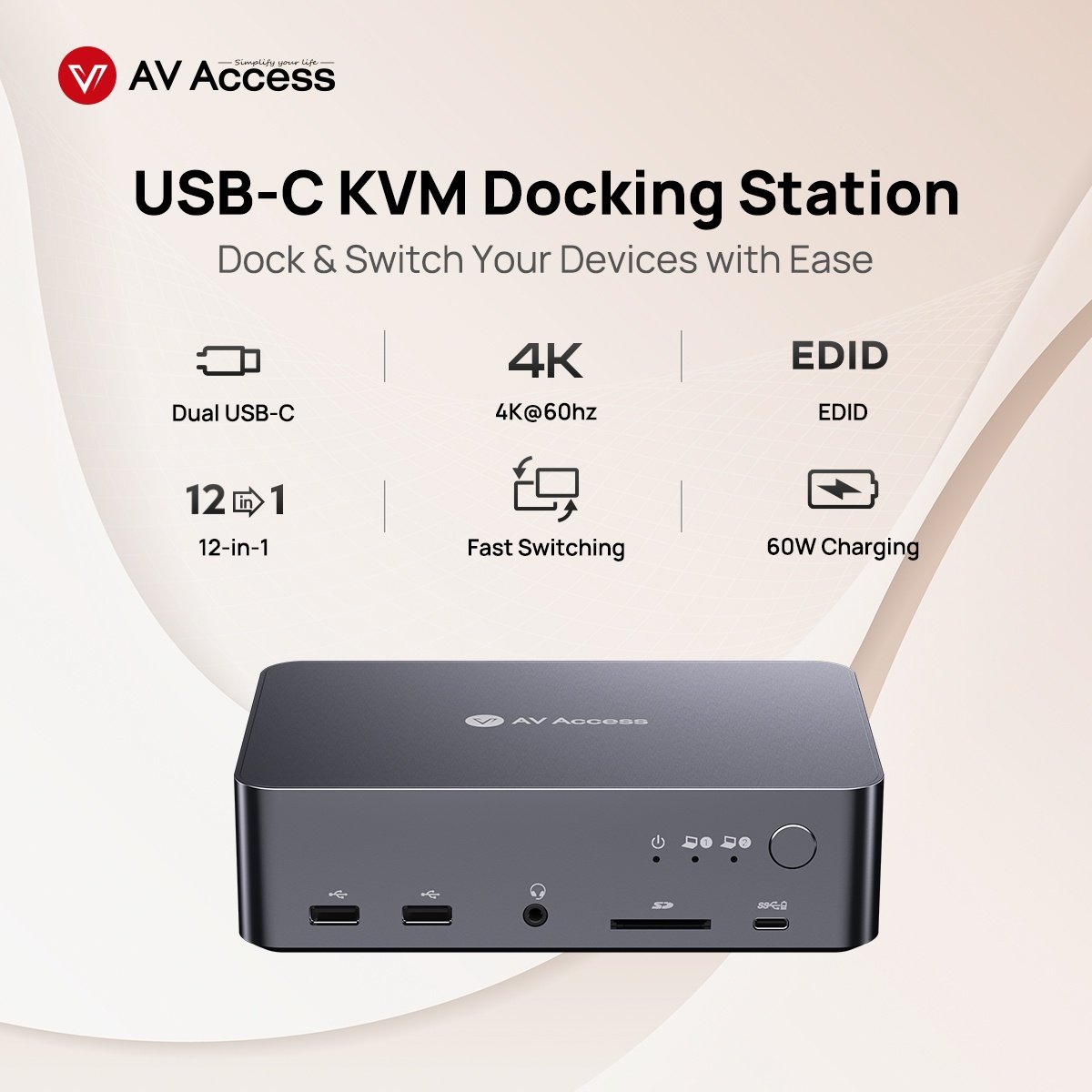 AV Access iDock C20 Dockningsstation och KVM-switch 2 till 2 USB-C till HDMI, 4K60Hz, 6x USB-A, 1x USB-C PD 100W, 1x 3,5mm AUX, 1x SD-kortläsare, 2x60W PD