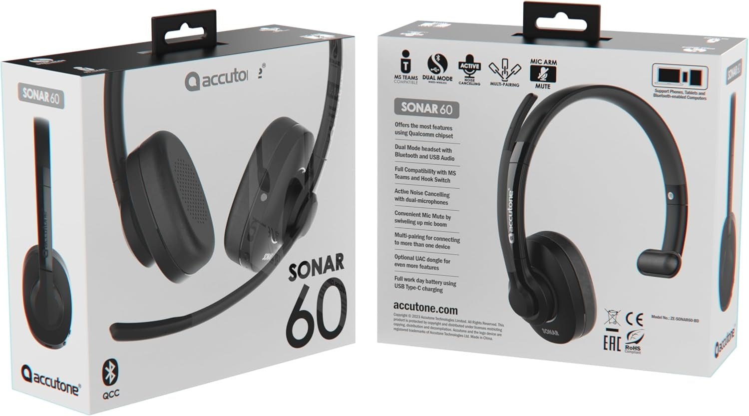 Accutone Sonar 60 Dual Bluetooth & USB trådbundet headset med brusreducerande mikrofon, lång batteritid för PC/Mac och telefoner