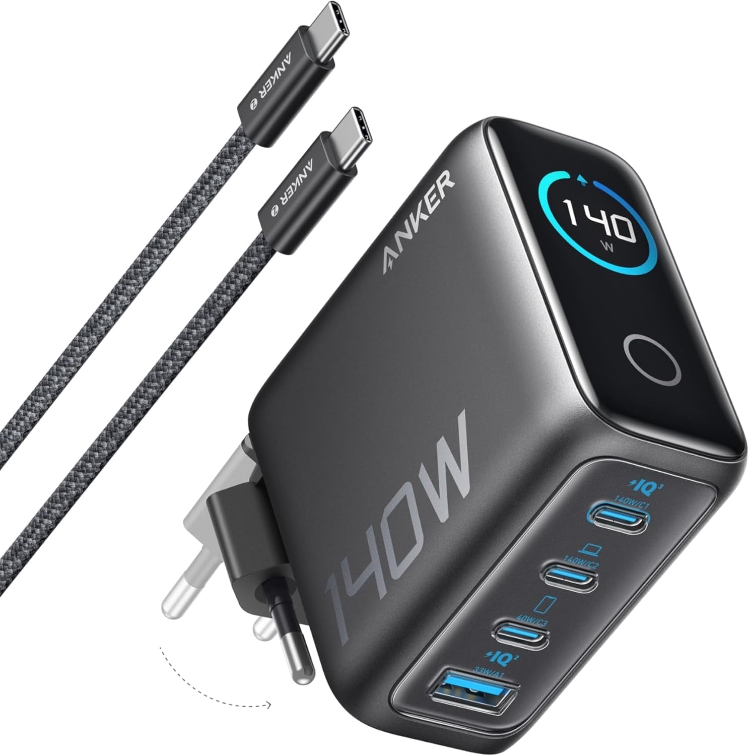 Anker 140W USB-C 4-Port Multi-Devices GaN-laddare, Touch Control, kompatibel med MacBook, iPhone 17/16/15, Samsung, Pixel och fler