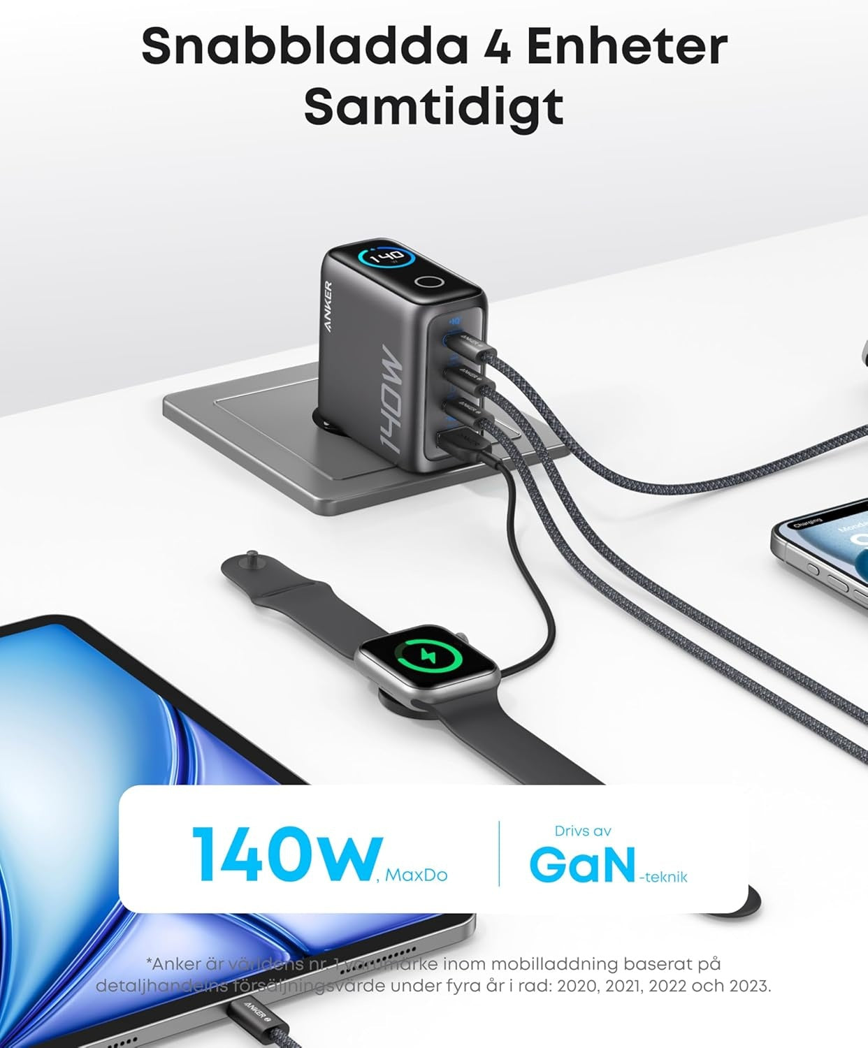 Anker 140W USB-C 4-Port Multi-Devices GaN-laddare, Touch Control, kompatibel med MacBook, iPhone 17/16/15, Samsung, Pixel och fler