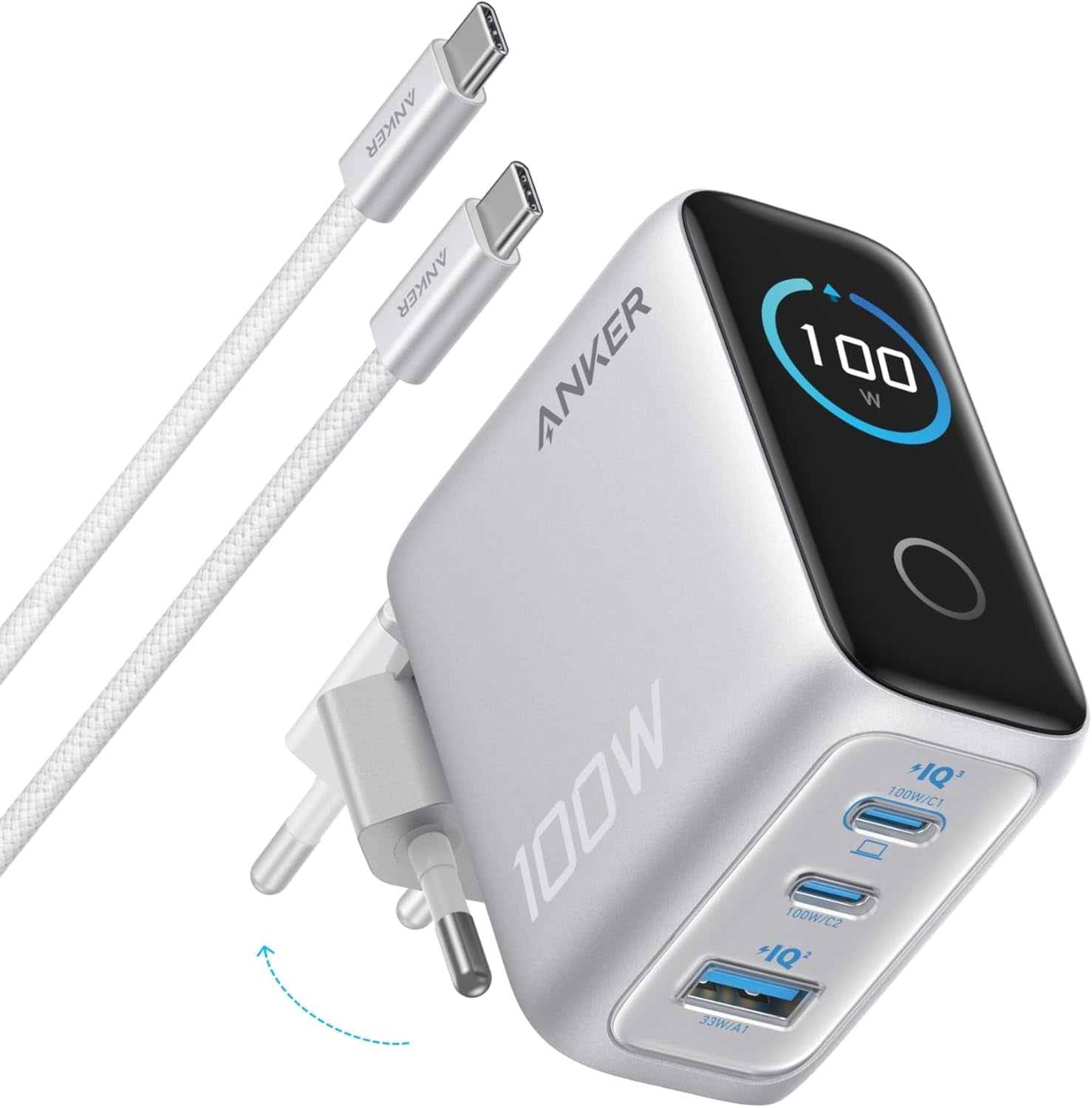 Anker Charger 100W USB C Ultra-Compact 3-Port GaN Fast Wall Adapter with Smart Display and Touch Control