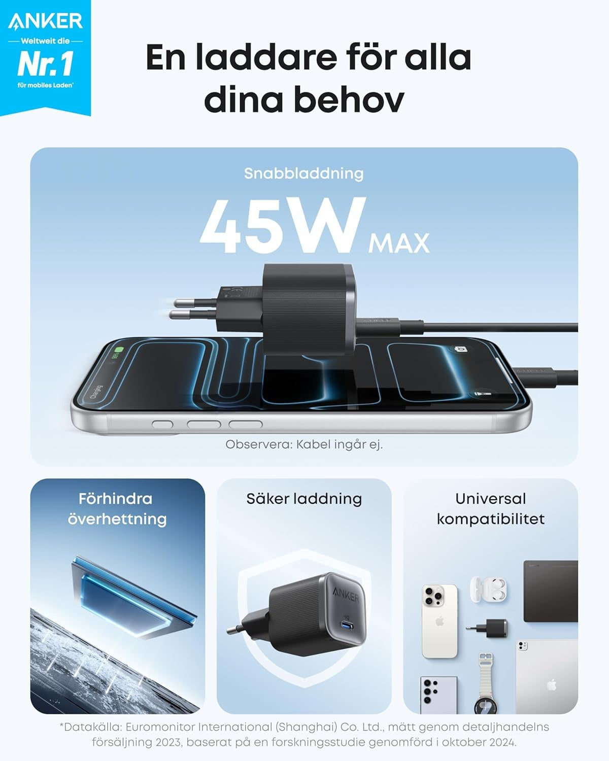 Anker Nano 45W USB-C Snabbladdare för iPhone, MacBook, iPad, Samsung Galaxy inklusive 1,8 m kabel