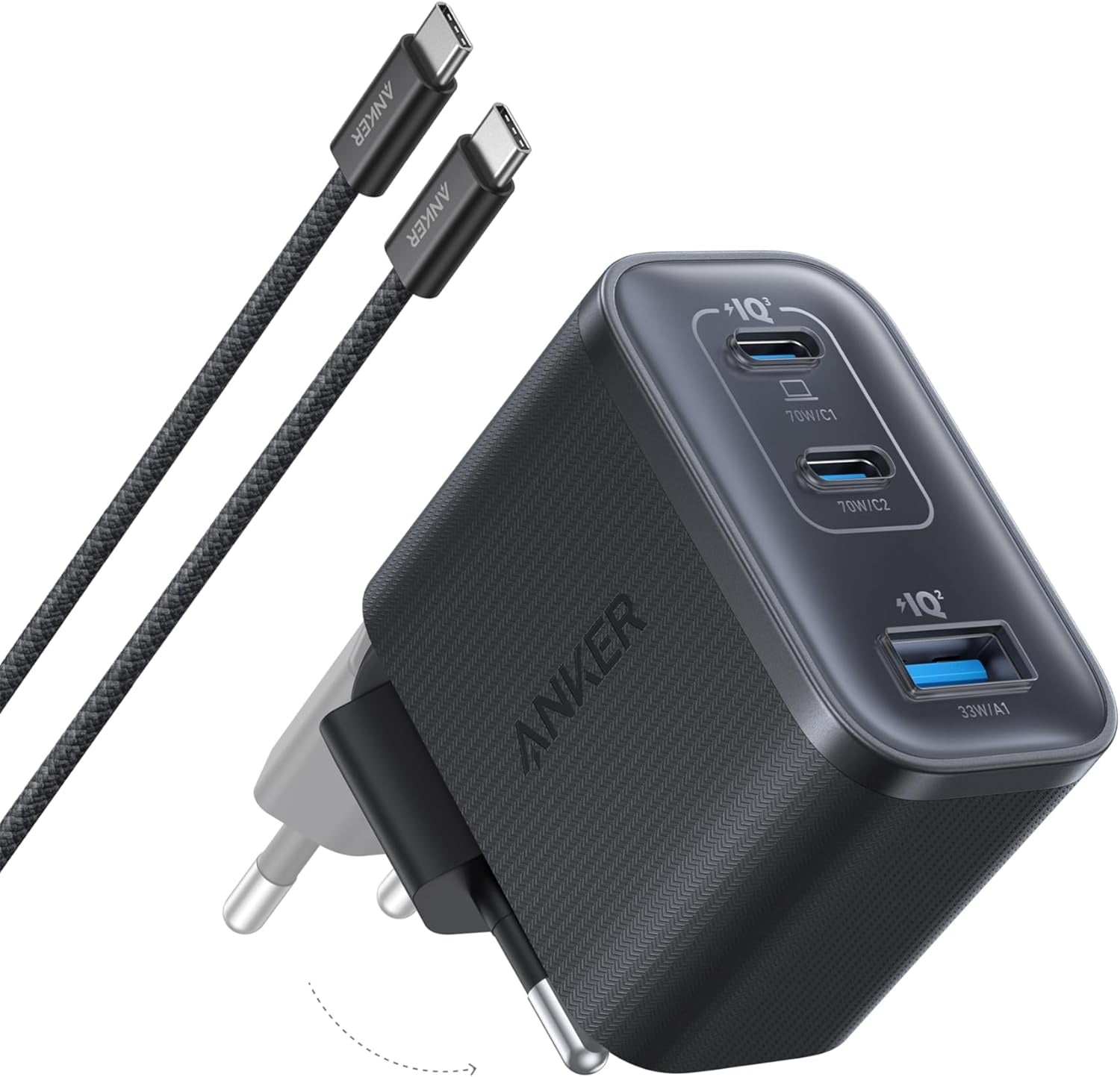 Anker Nano 70W USB-C Laddare, 3-portars strömadapter med ultrasnabb 70W laddning