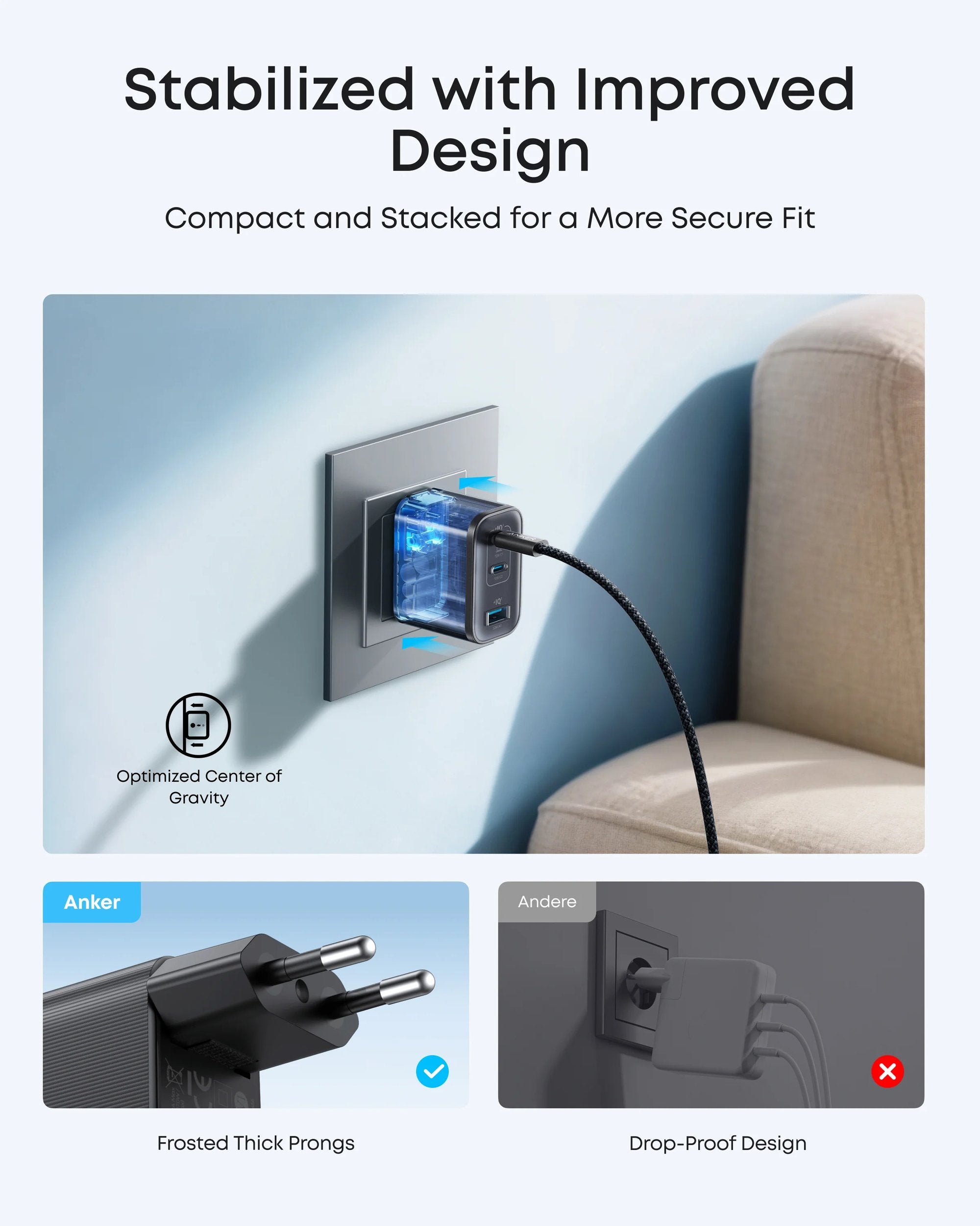 Anker Nano 70W USB-C Laddare, 3-portars strömadapter med ultrasnabb 70W laddning