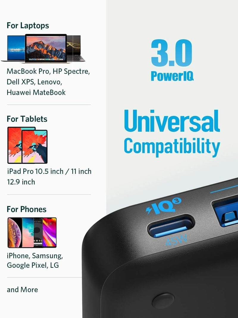 Anker PowerPort Atom III Slim GaN Väggladdare, 3XUSB-A 1XUSB-C portar 65W max, 4-portar, PIQ 3.0, för bärbara datorer, surfplattor och smartphones