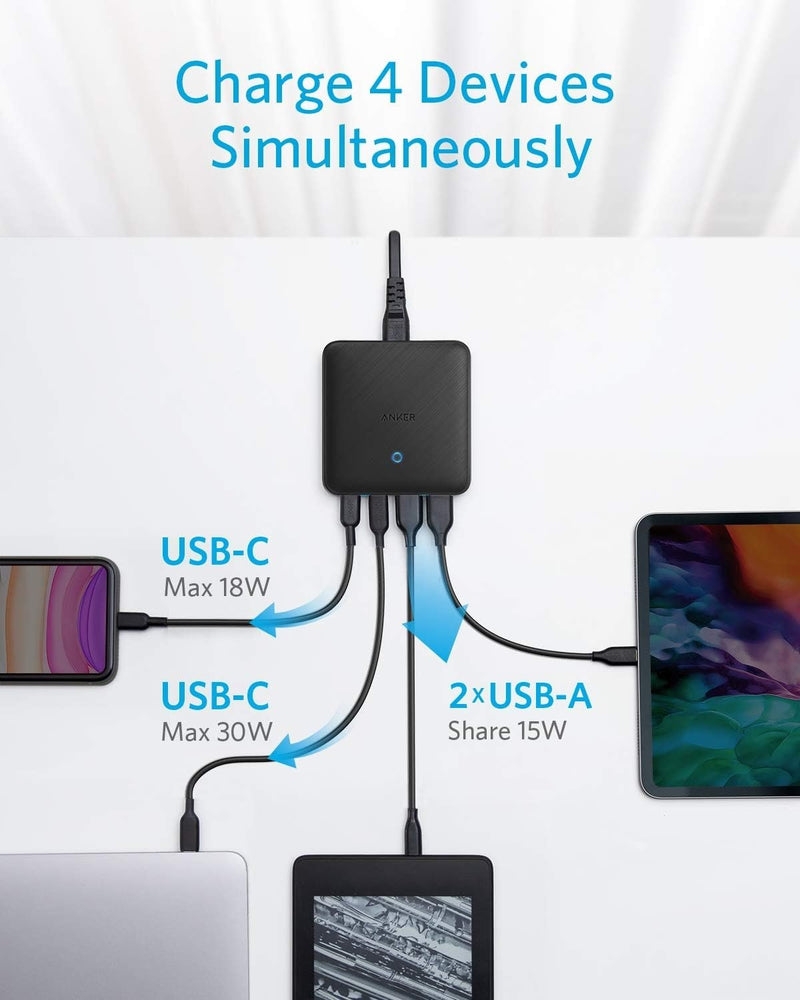 Anker PowerPort Atom III Slim väggladdare, Dubbel USB-C-portar och Dubbel USB-A-portar (65W Max), PIQ 3.0, GaN-material.