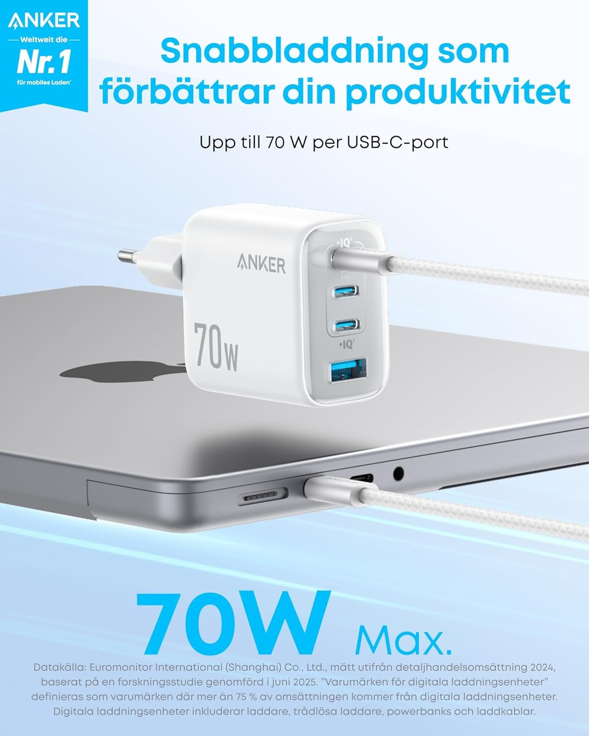 Anker Zolo Ultra Fast 70W USB-C 4-Port laddare, kompakt och stabil för iPhone 16/15, MacBook Air, iPad, Pixel, Galaxy