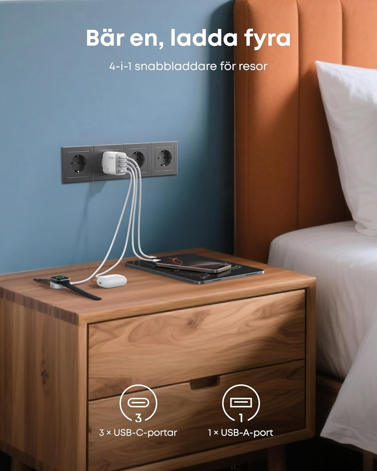 Anker Zolo Ultra Fast 70W USB-C 4-Port laddare, kompakt och stabil för iPhone 16/15, MacBook Air, iPad, Pixel, Galaxy