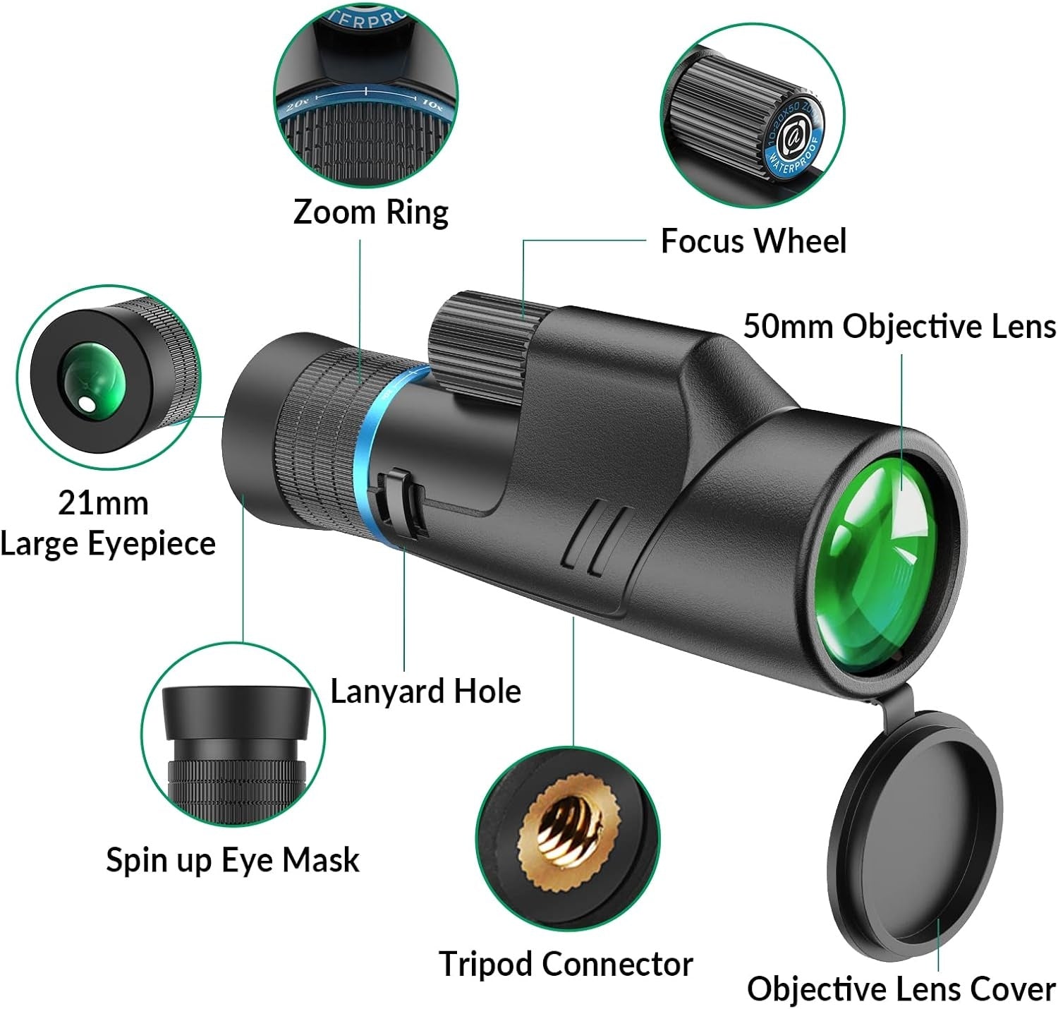 Apexel HD Monocular 10-20x50 HD Zoom Telescope BAK4/FMC Waterproof Lightweight With Low Night Vision for Hiking Bird Watching Camping Wildlife Animals