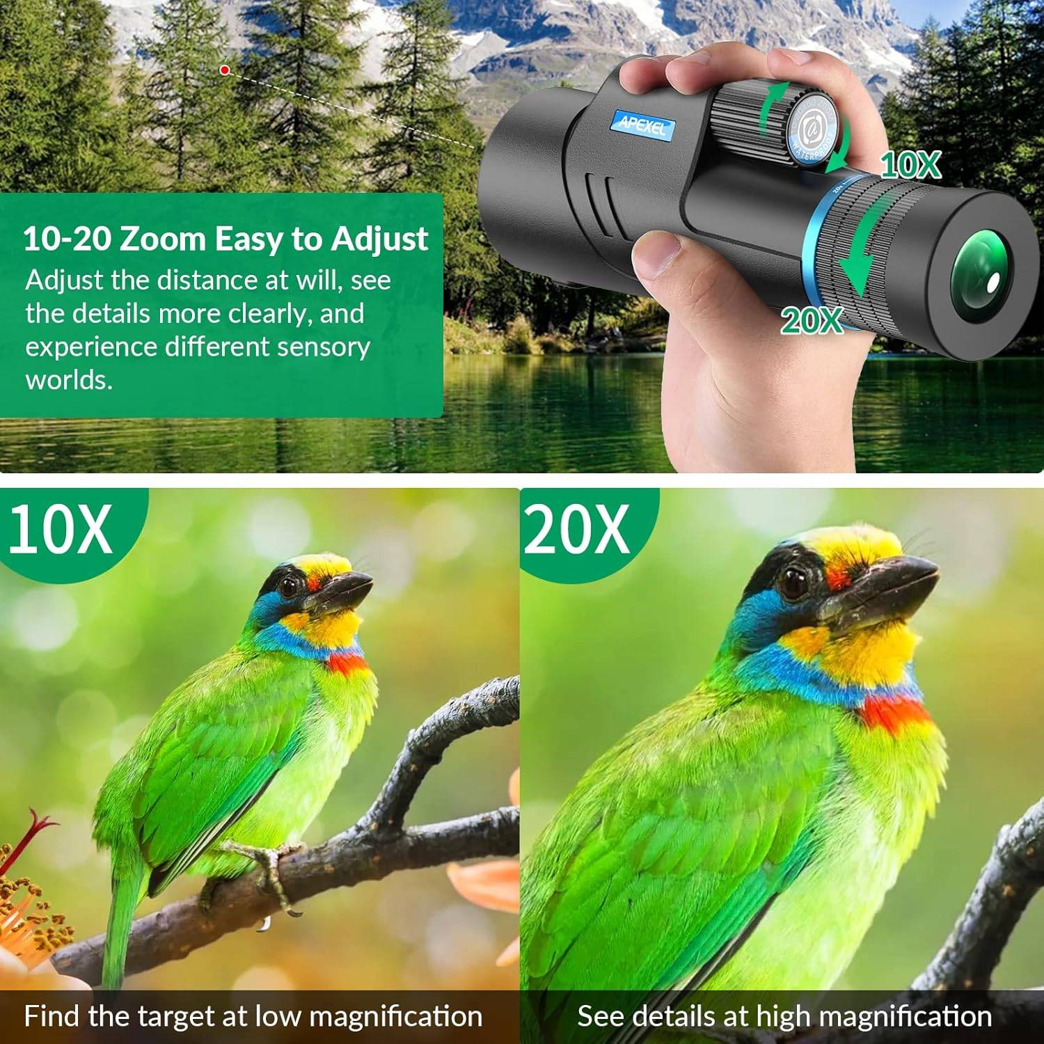 Apexel HD Monocular 10-20x50 HD Zoom Telescope BAK4/FMC Waterproof Lightweight With Low Night Vision for Hiking Bird Watching Camping Wildlife Animals
