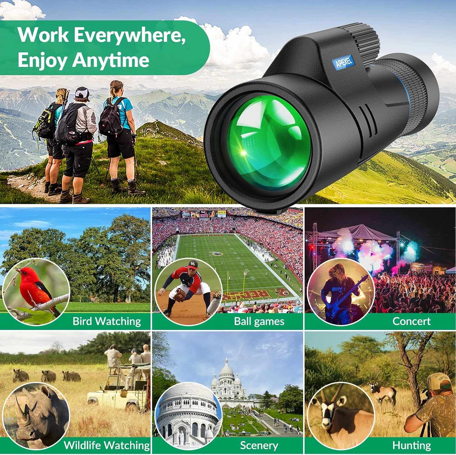 Apexel HD Monocular 10-20x50 HD Zoom Telescope BAK4/FMC Waterproof Lightweight With Low Night Vision for Hiking Bird Watching Camping Wildlife Animals