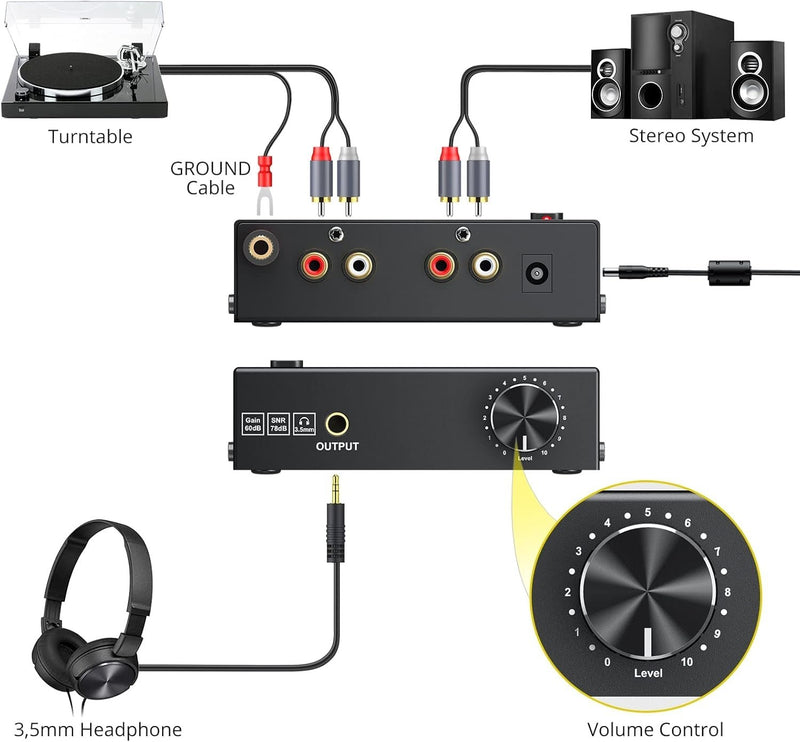 Audiophile M/M Phono preamp with Level Volume Controls 2 RCA and 3.5mm interfaces