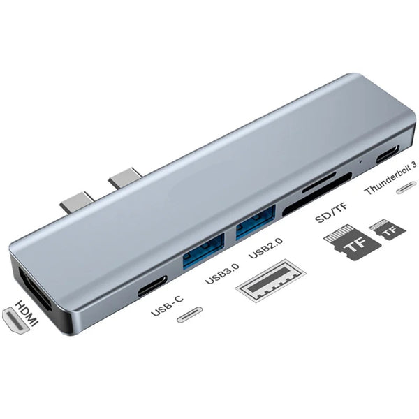 NÖRDIC 2 till 7 USB-C dockningsstation för MacBook Pro och Air 1xHDMI 4K30Hz 1xUSB-A 3.1 1xUSB-A 2.0 1xUSB-C 3.1 1xUSB-C 100W PD 1x SD/TF kortläsare
