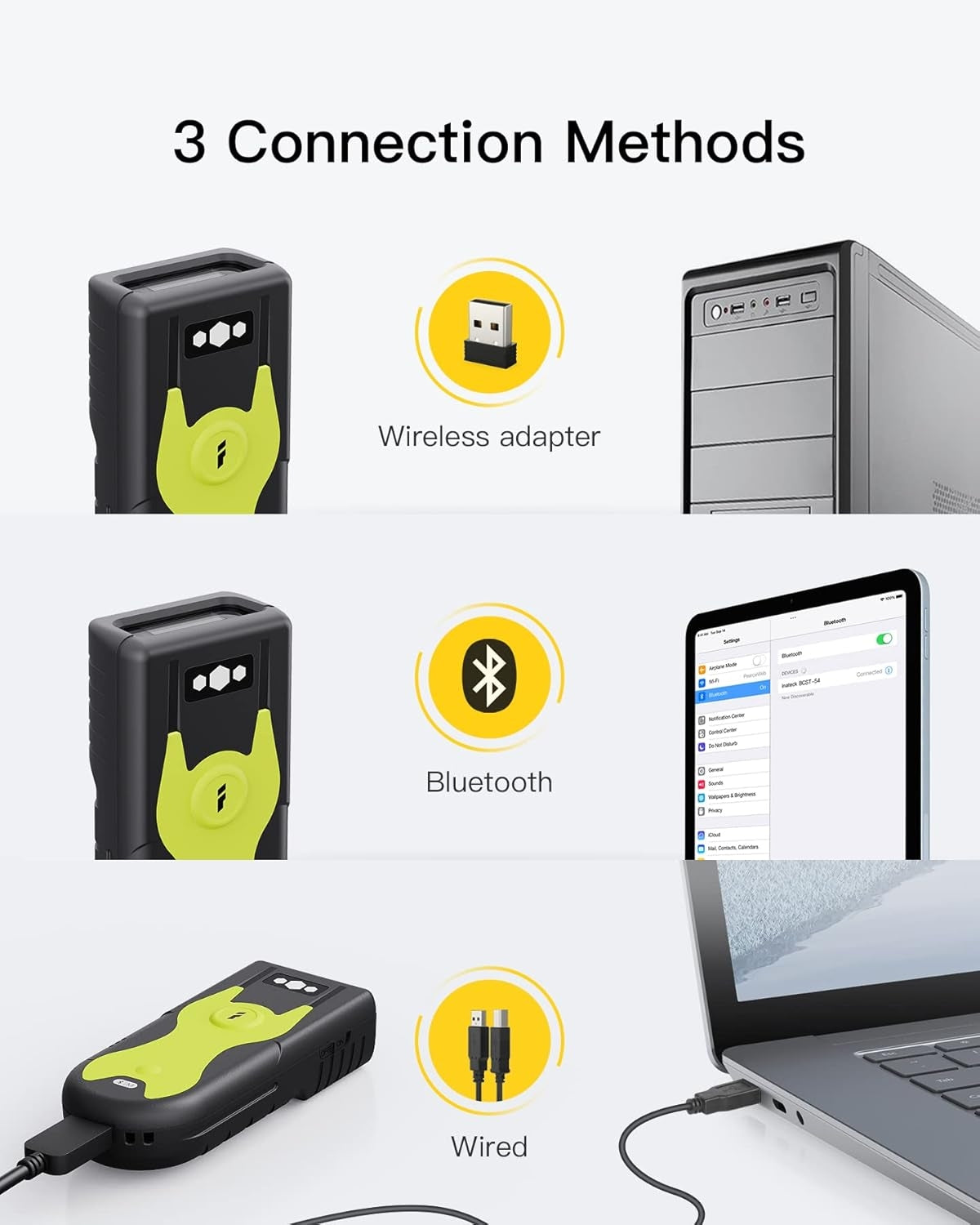 Bluetooth 2D Streckkodsläsare med 2.4 GHz USB-Adapter, Plug and Play