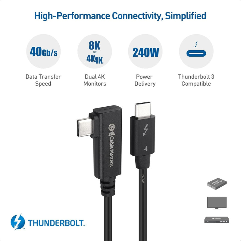 Cable Matters 80cm Intel-certifierad vinklad Thunderbolt 4-kabel, 40Gbps, 8K, 240W, kompatibel med USB 4, Thunderbolt 3 och USB-C