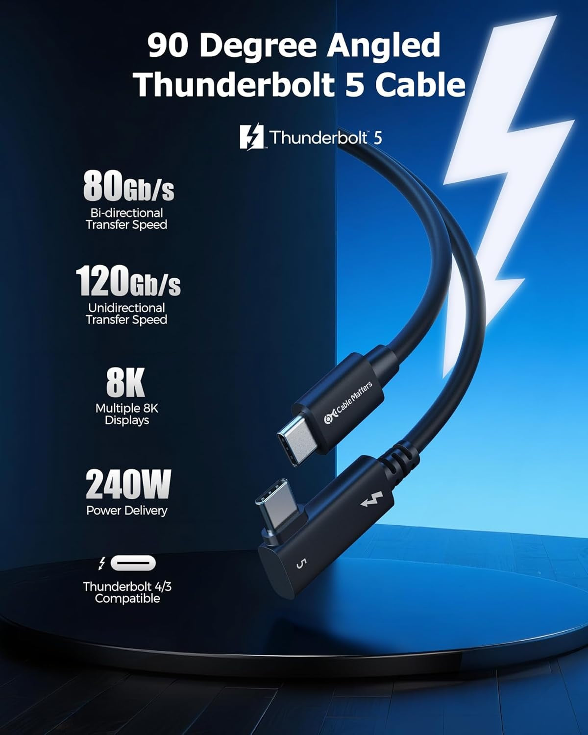 Cable Matters Intel Certifierad 80G Thunderbolt 5 Kabel med vinklad kontakt 240W laddningskapacitet - 0,8m, Kompatibel med Thunderbolt 4, USB4 och USB-C, Svart